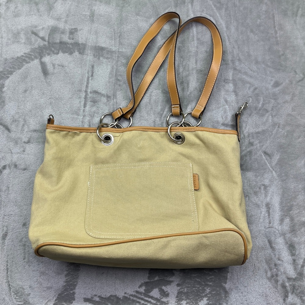 Strada Tan Canvas Tote Bag Purse Handbag with‎ Striped Interior Boho Festive